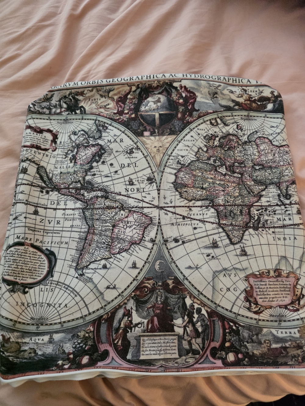 Vintage World Map Throw Pillow Cover in Beige, Brown, Pink and Black